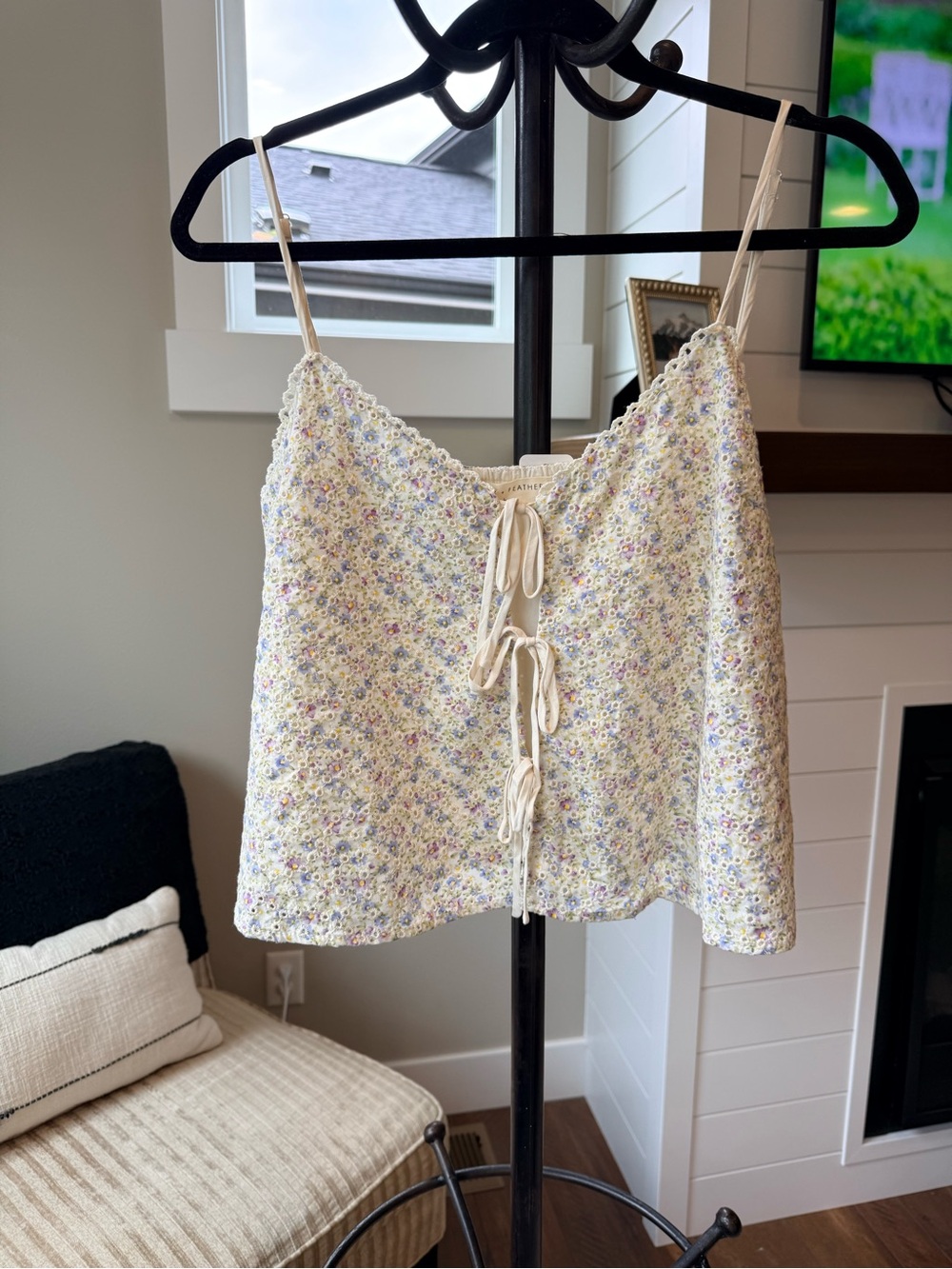 Stitch + Feather Cream Floral Tie-Front Camisole with Adjustable Straps